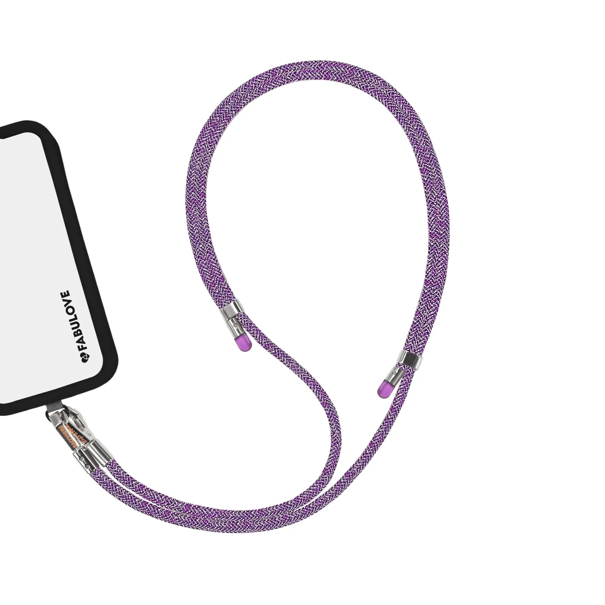 Adjustable Amethyst Purple phone crossbody strap secured to iPhone charging port
