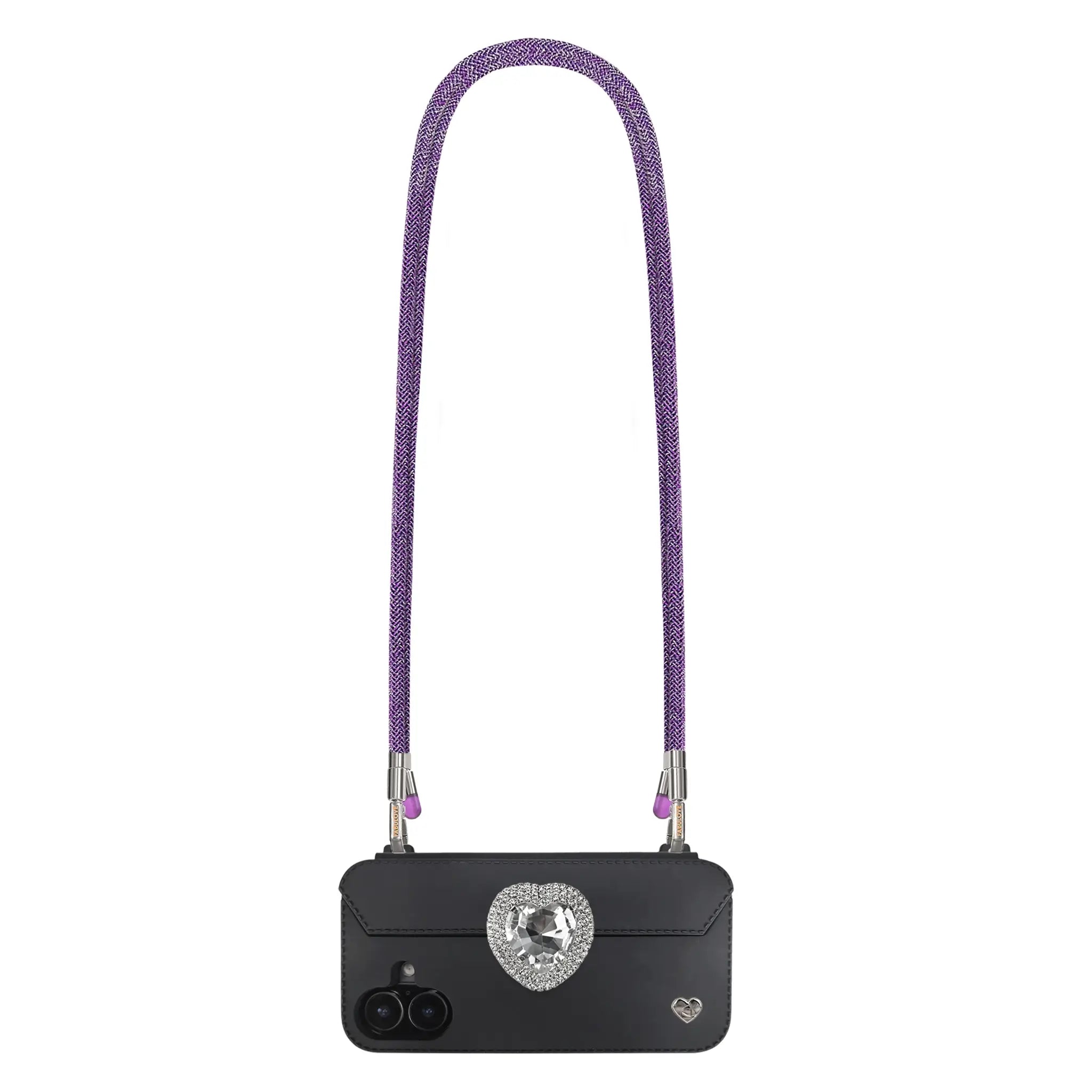 Amethyst Purple phone crossbody strap securely attached to FABULOVE iPhone case