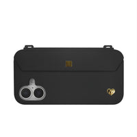 Urban chic: Black iPhone 16 case with gold accents and strap-ready ears, guarding dual-lens cameras
