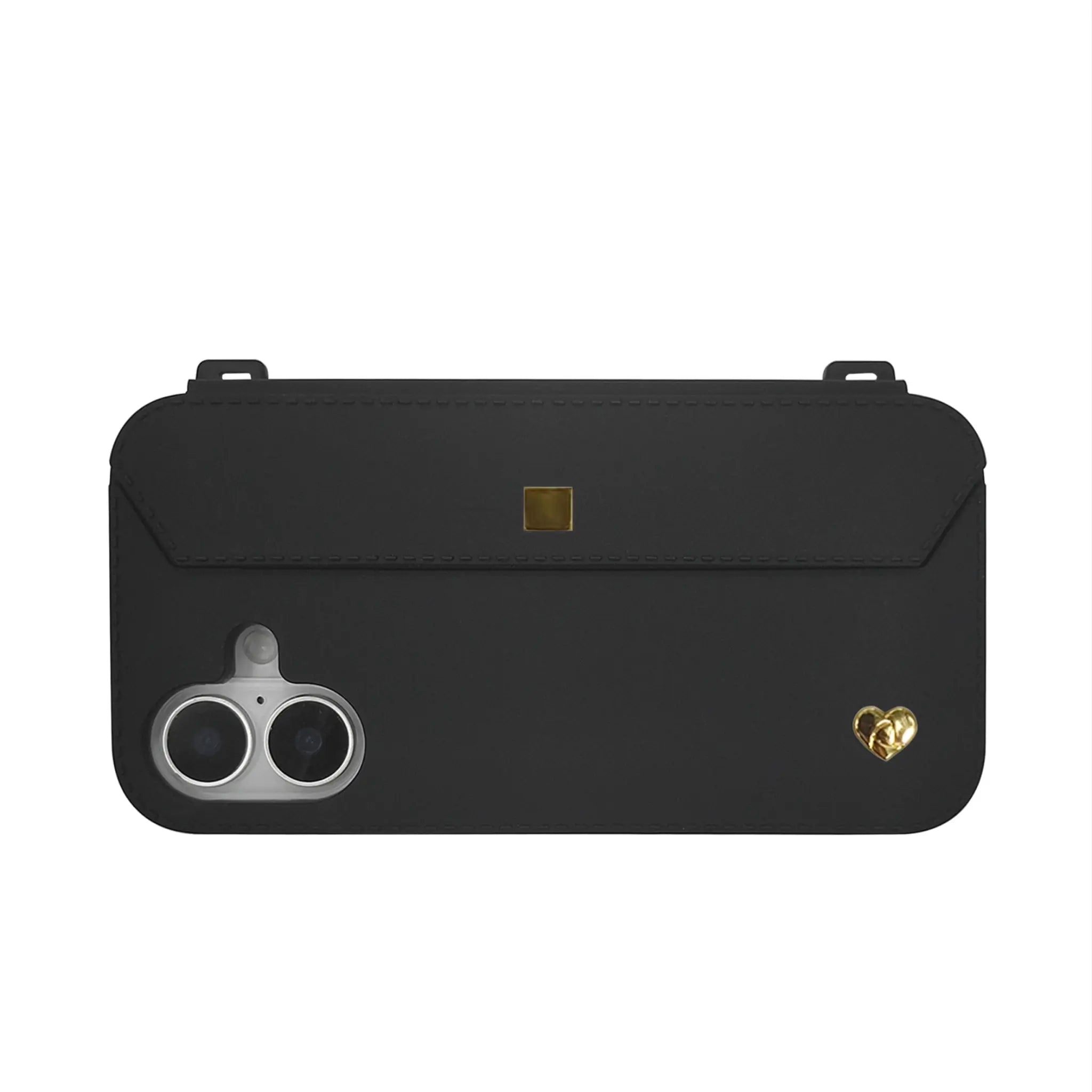 Urban chic: Black iPhone 16 case with gold accents and strap-ready ears, guarding dual-lens cameras