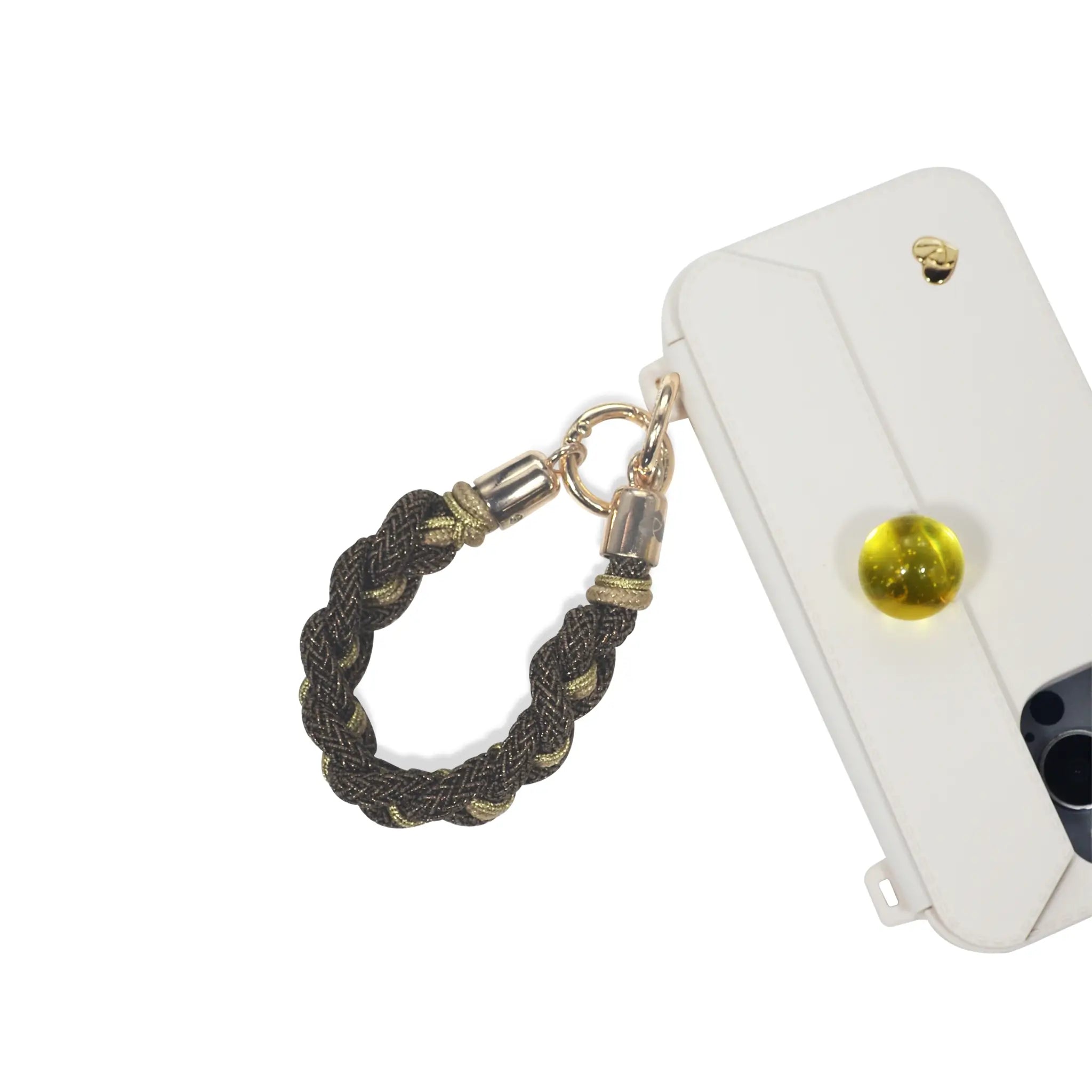 Handle accenting phone case edge as functional decor in caramel brown