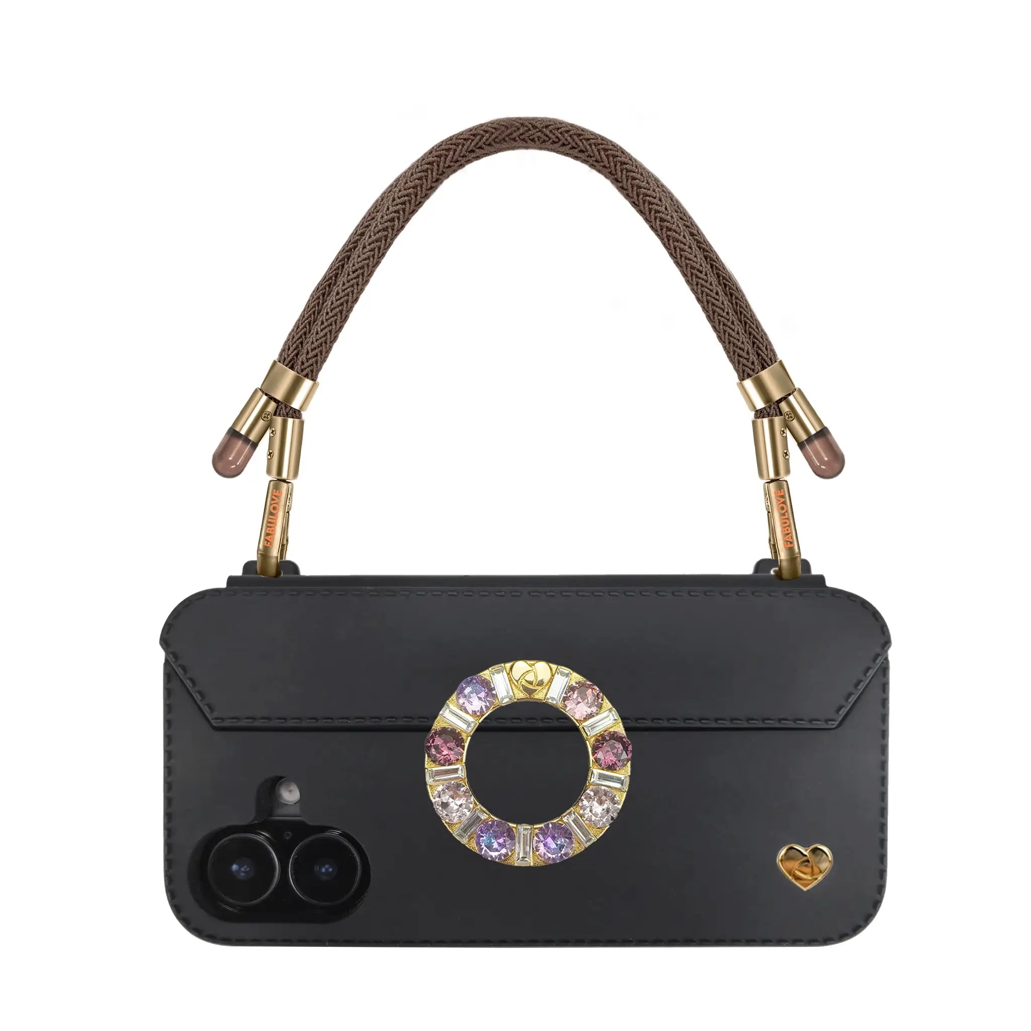 Caramel Brown phone strap securely mounted on FABULOVE iPhone case