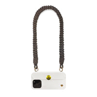 Caramel brown strap worn as shoulder bag strap with FABULOVE phone case