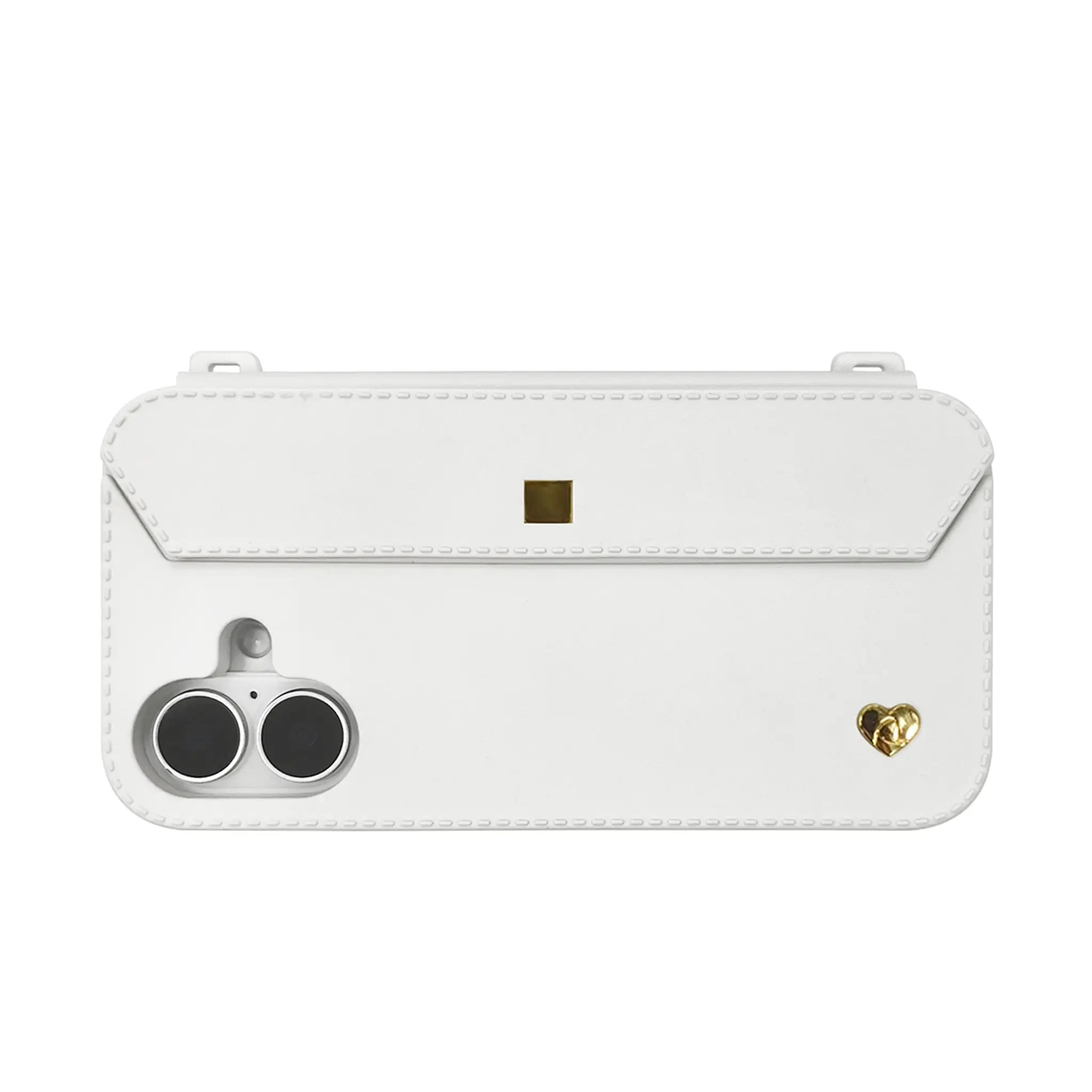 Fresh take: White silicone case with gold strap ears protecting dual-lens iPhone 16 cameras