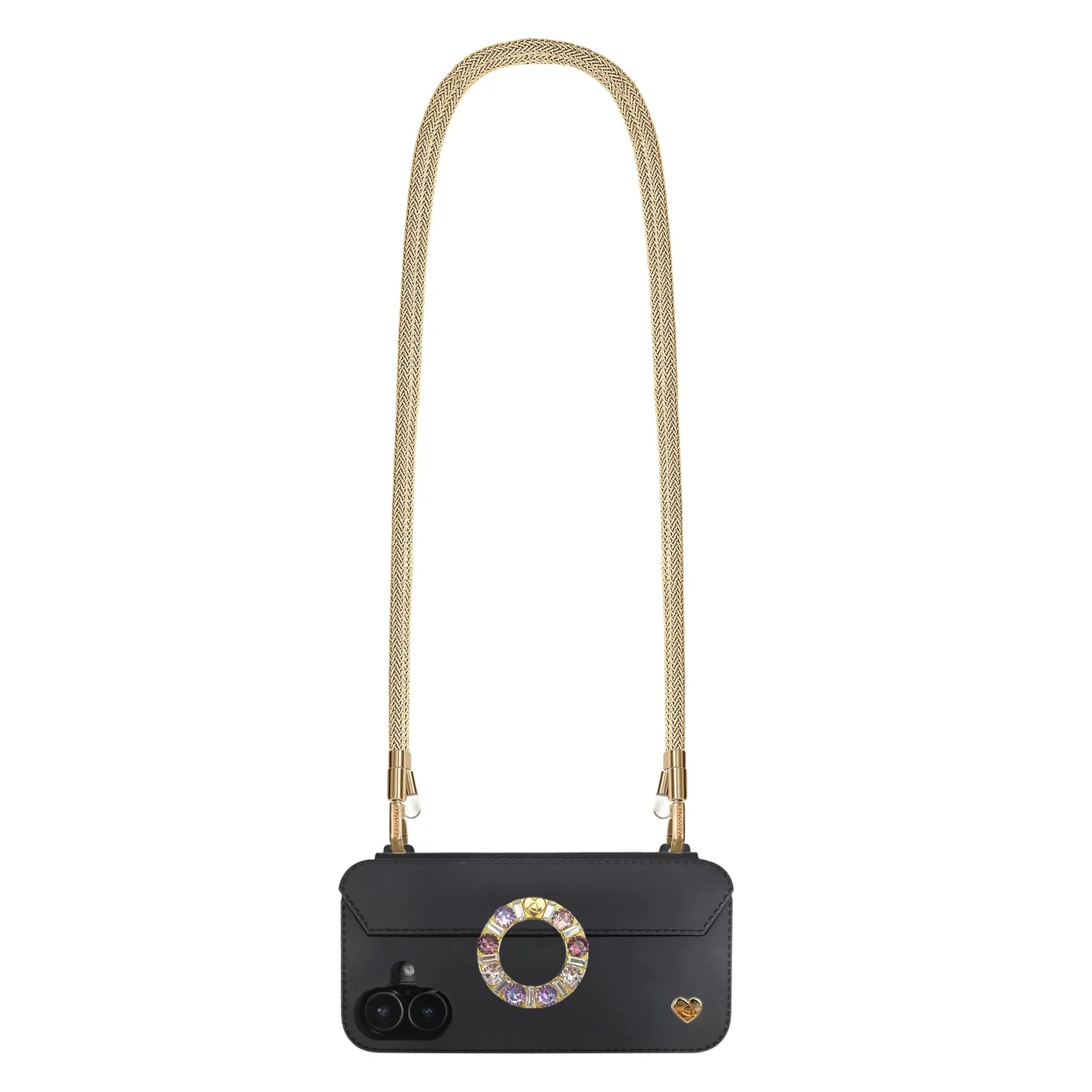 Golden phone crossbody strap securely mounted on FABULOVE iPhone case