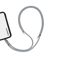 Adjustable Iridescent phone crossbody strap connected to iPhone charging port