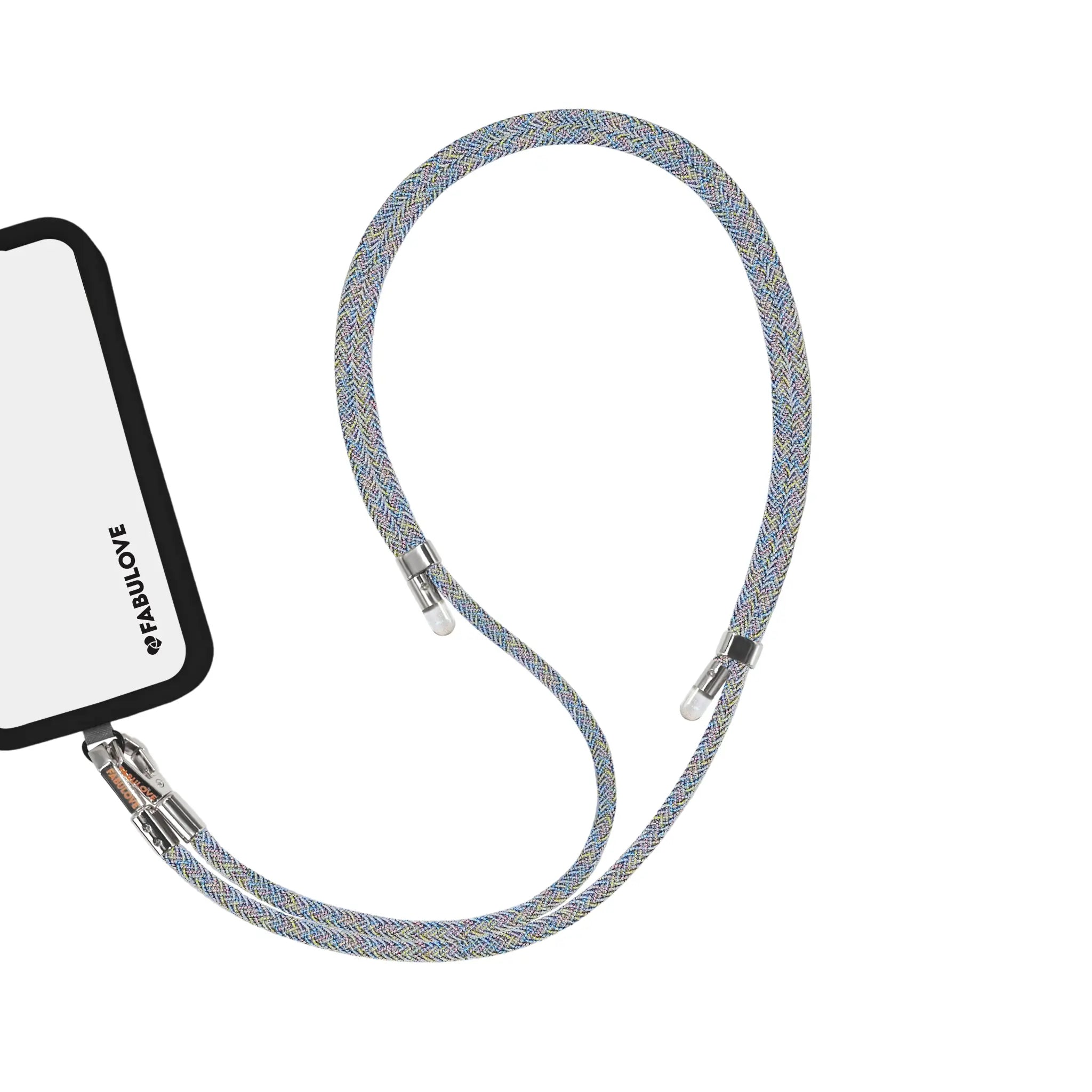 Adjustable Iridescent phone crossbody strap connected to iPhone charging port