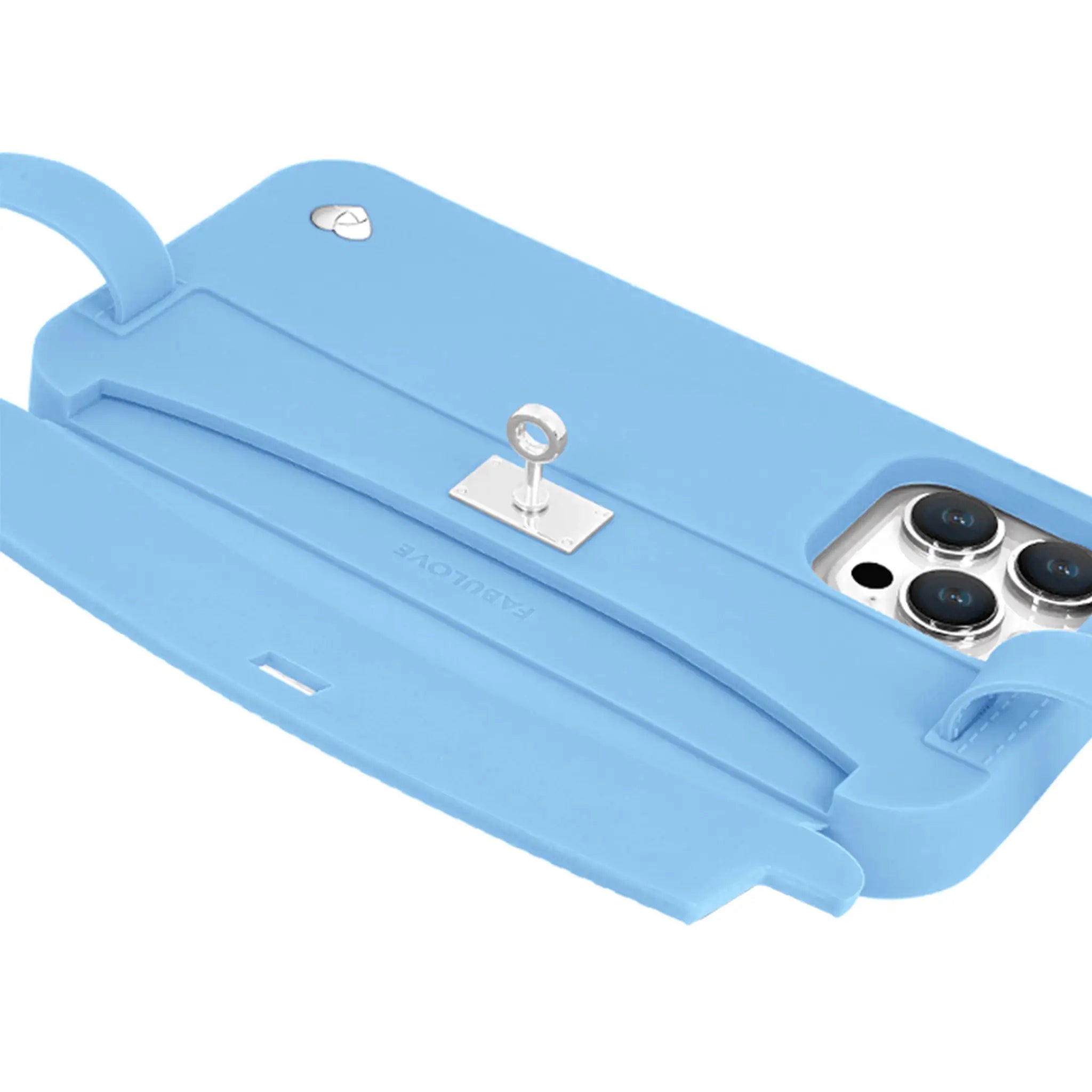 Blue iPhone purse case showing accessible card storage