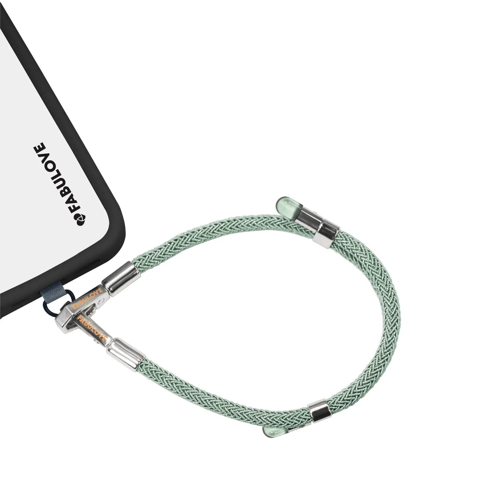 Adjustable mint green phone strap connected to iPhone charging port