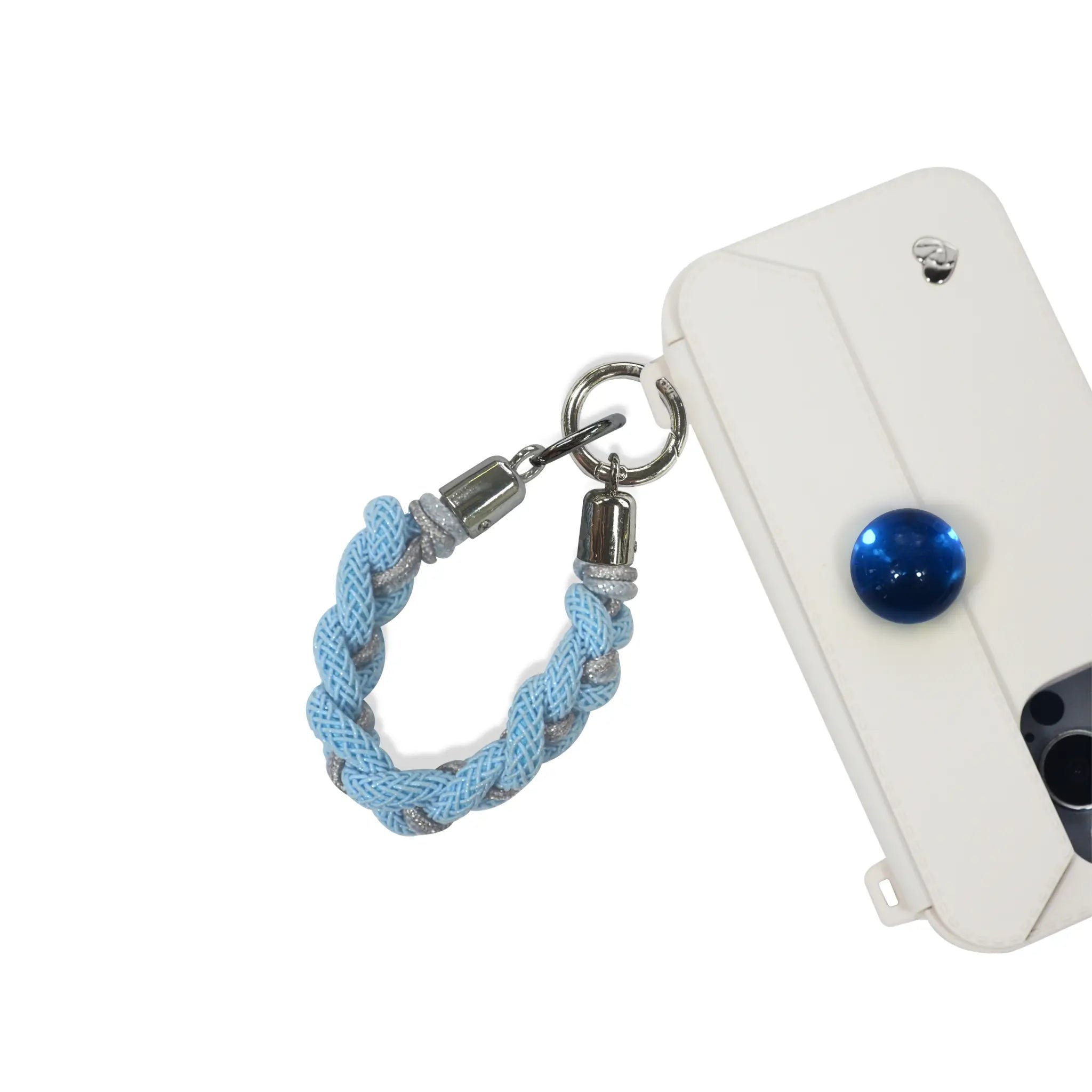 Mini handle strap clasped to phone case ear as phone charm in peacock blue