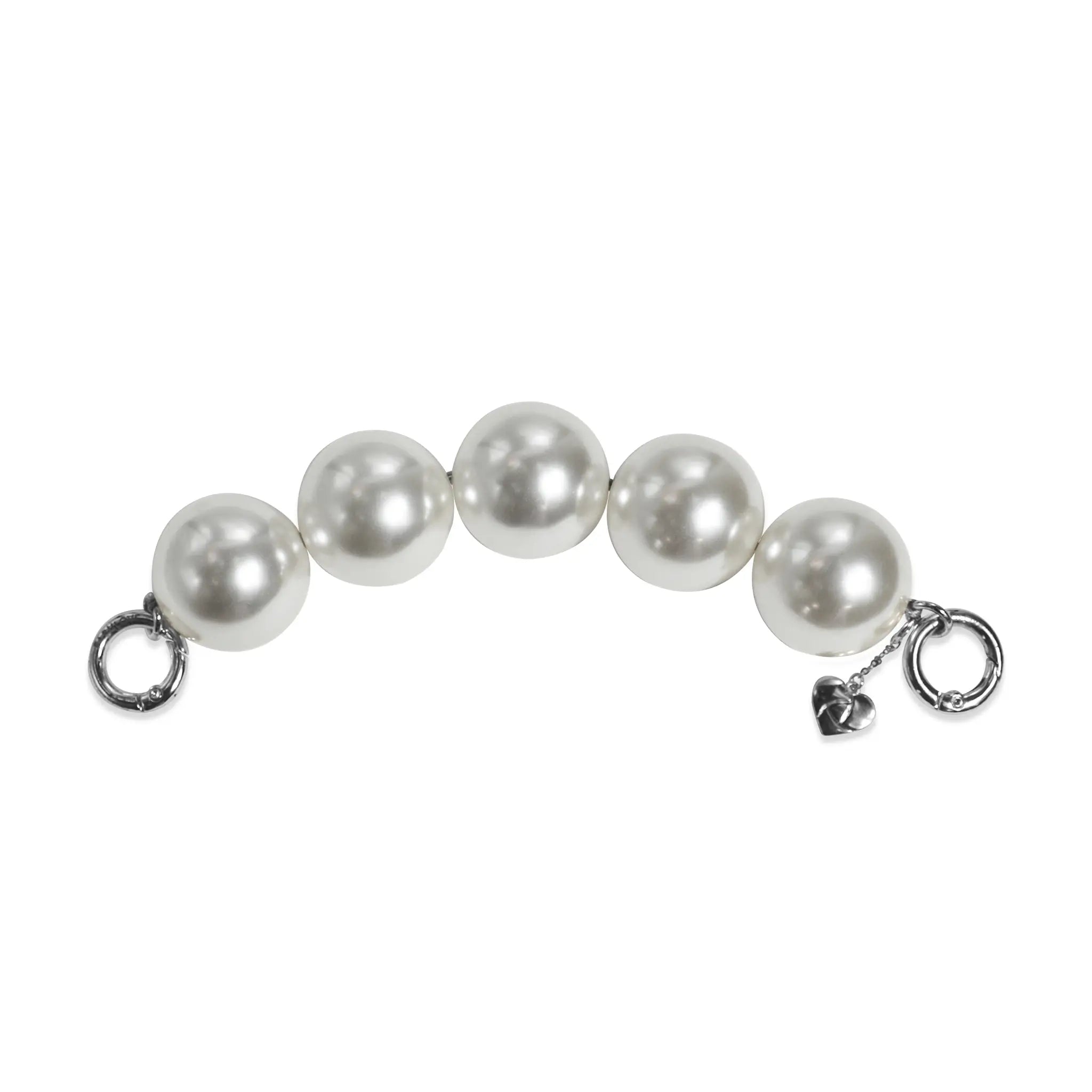 Side profile of pearl handle strap with silver clasps apart, easy to attach.
