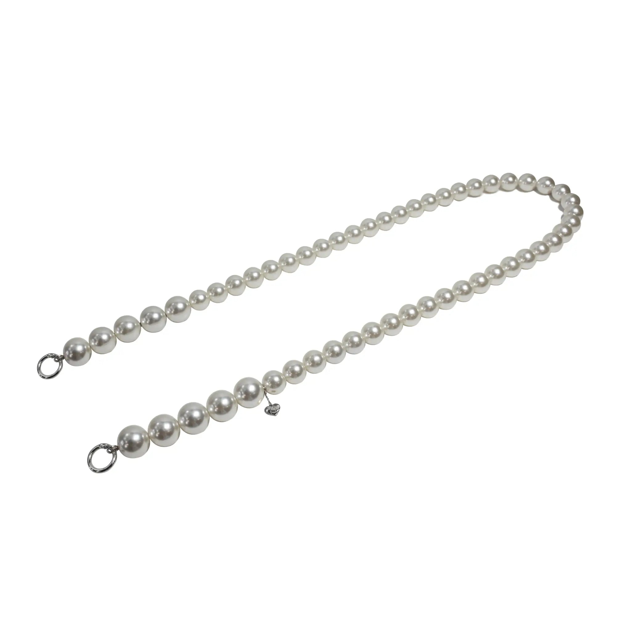 Side profile of pearl rope strap with separated silver clasps, displaying easy attachment points.
