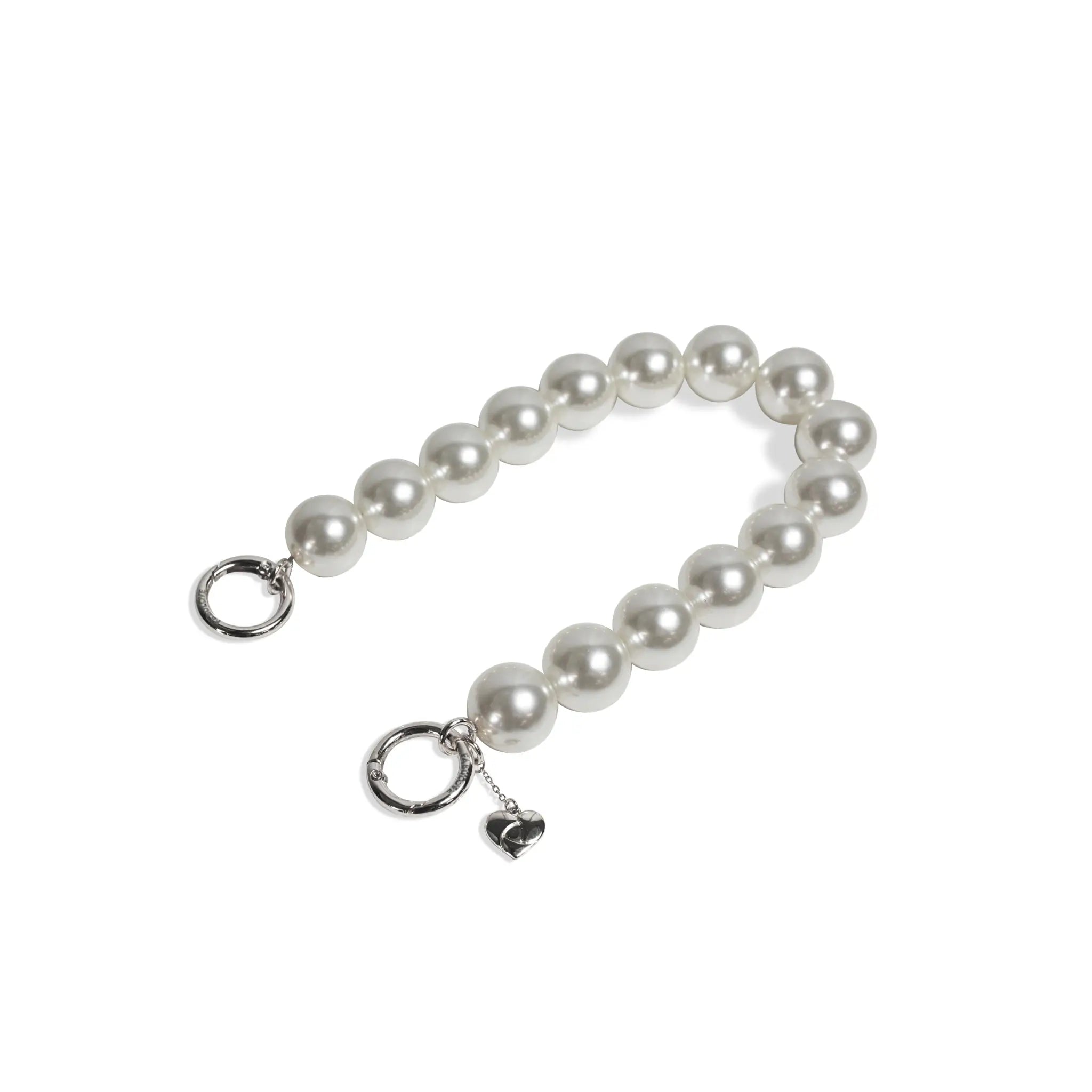 Side angle of pearl wristlet strap with silver clasps apart, showing easy grip.