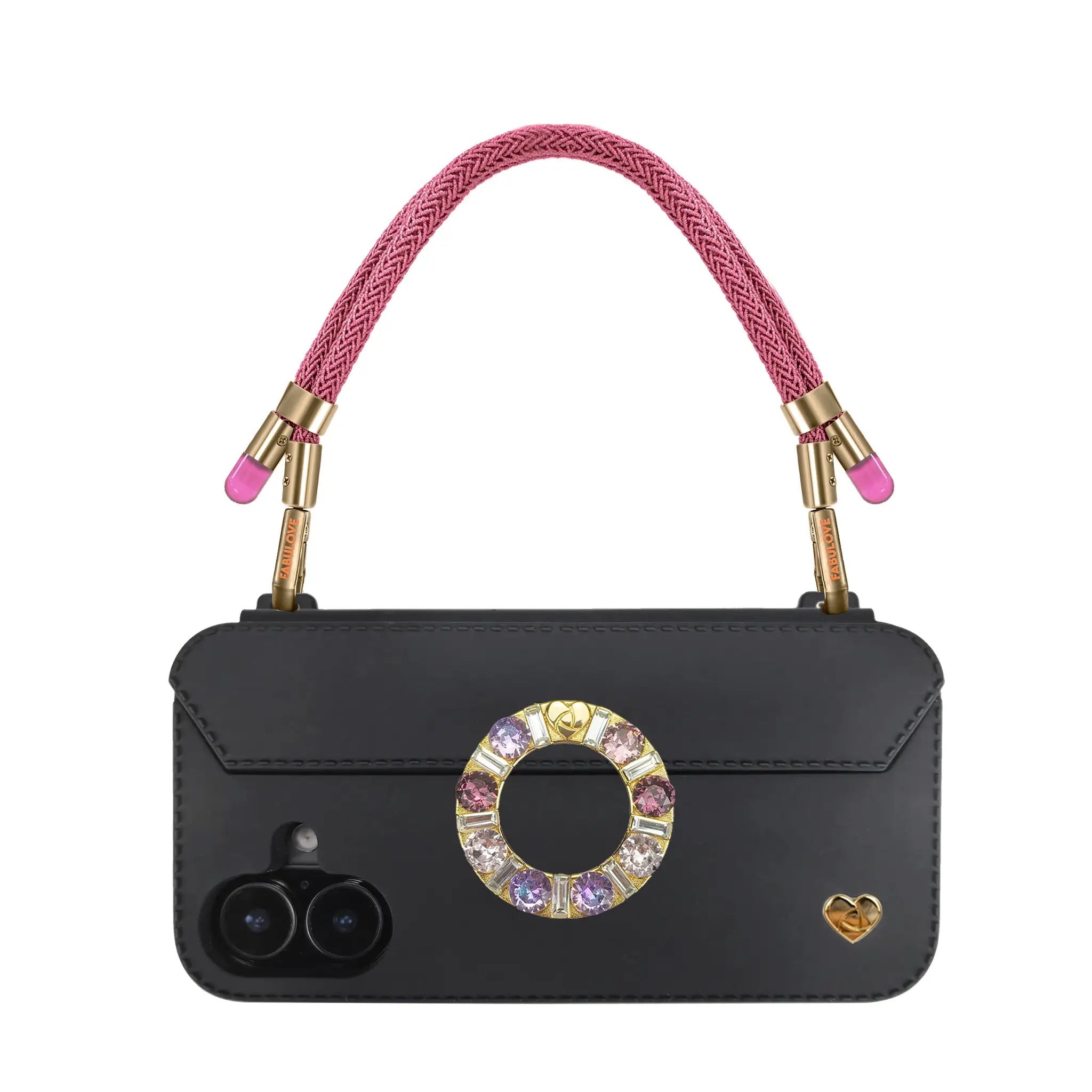 Scarlet phone strap securely mounted on FABULOVE iPhone case