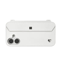 Sleek profile: Silver strap-ready ears on minimalist white iPhone 16 case with dual-camera guard