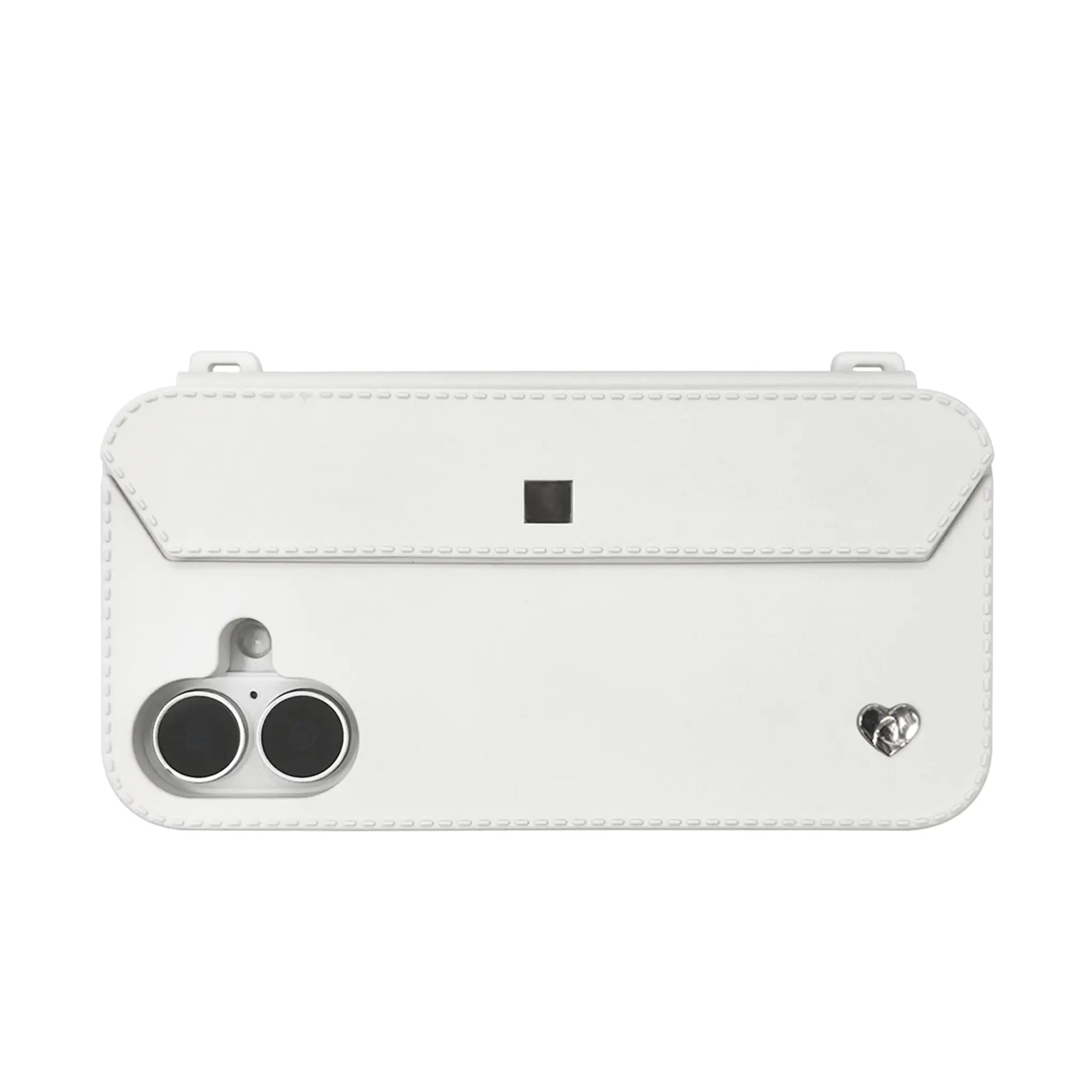 Sleek profile: Silver strap-ready ears on minimalist white iPhone 16 case with dual-camera guard