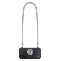 Silver phone crossbody strap securely mounted on FABULOVE iPhone case
