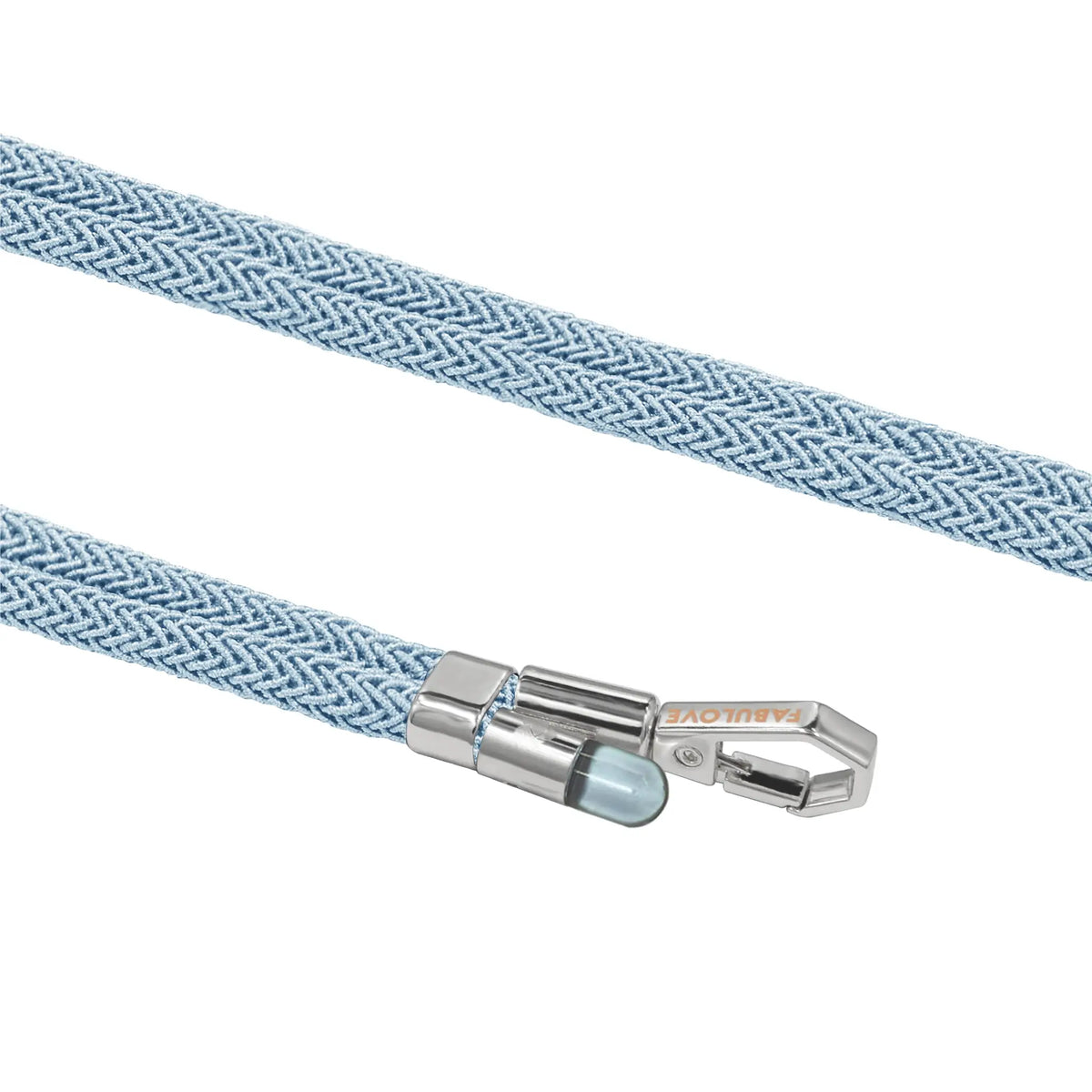 Close-up texture of BlingBling peacock blue Lurex metallic braid on crossbody strap