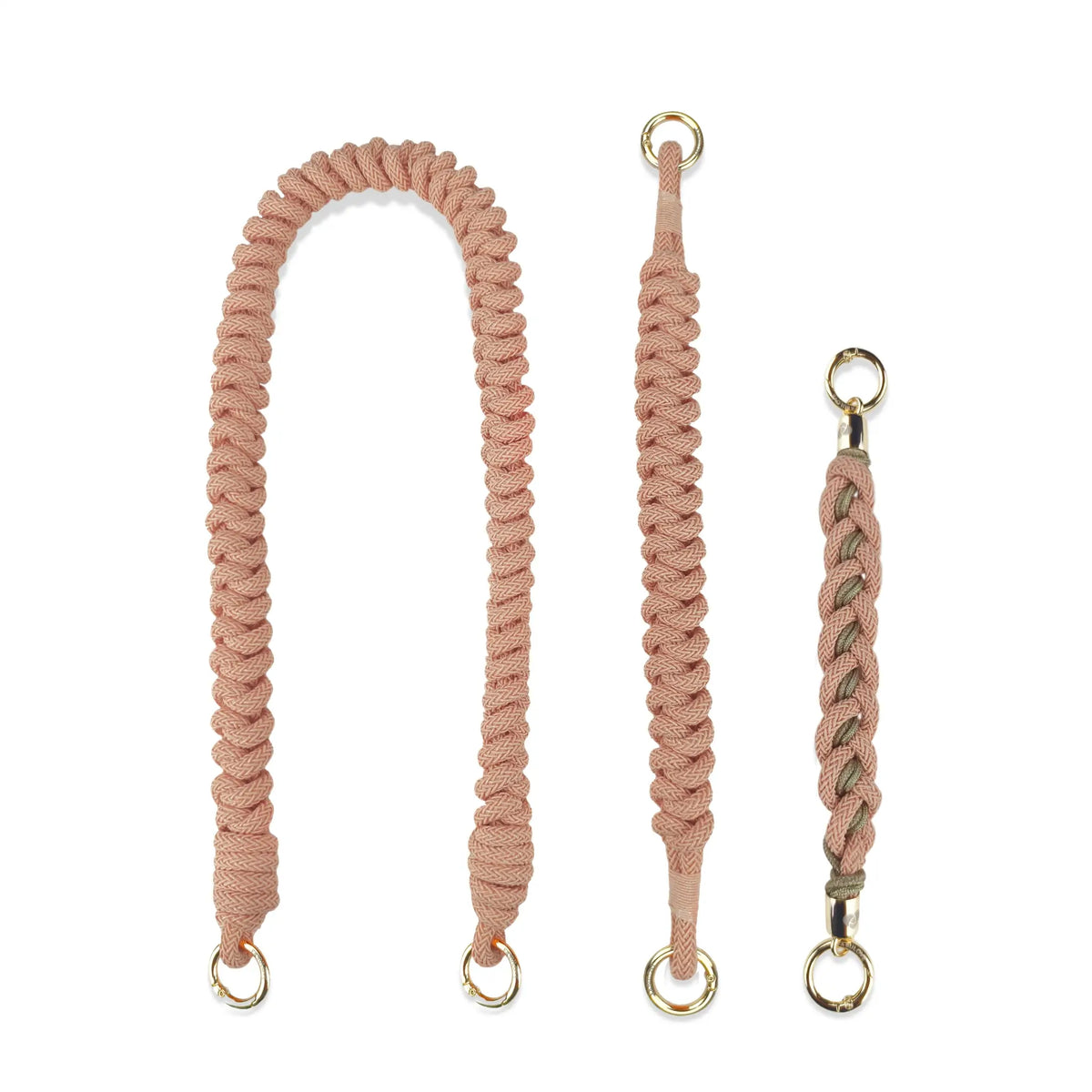 Component breakdown for peach orange straps: Shoulder-length segment, wristlet safety band, handle charm at 5-degree angle