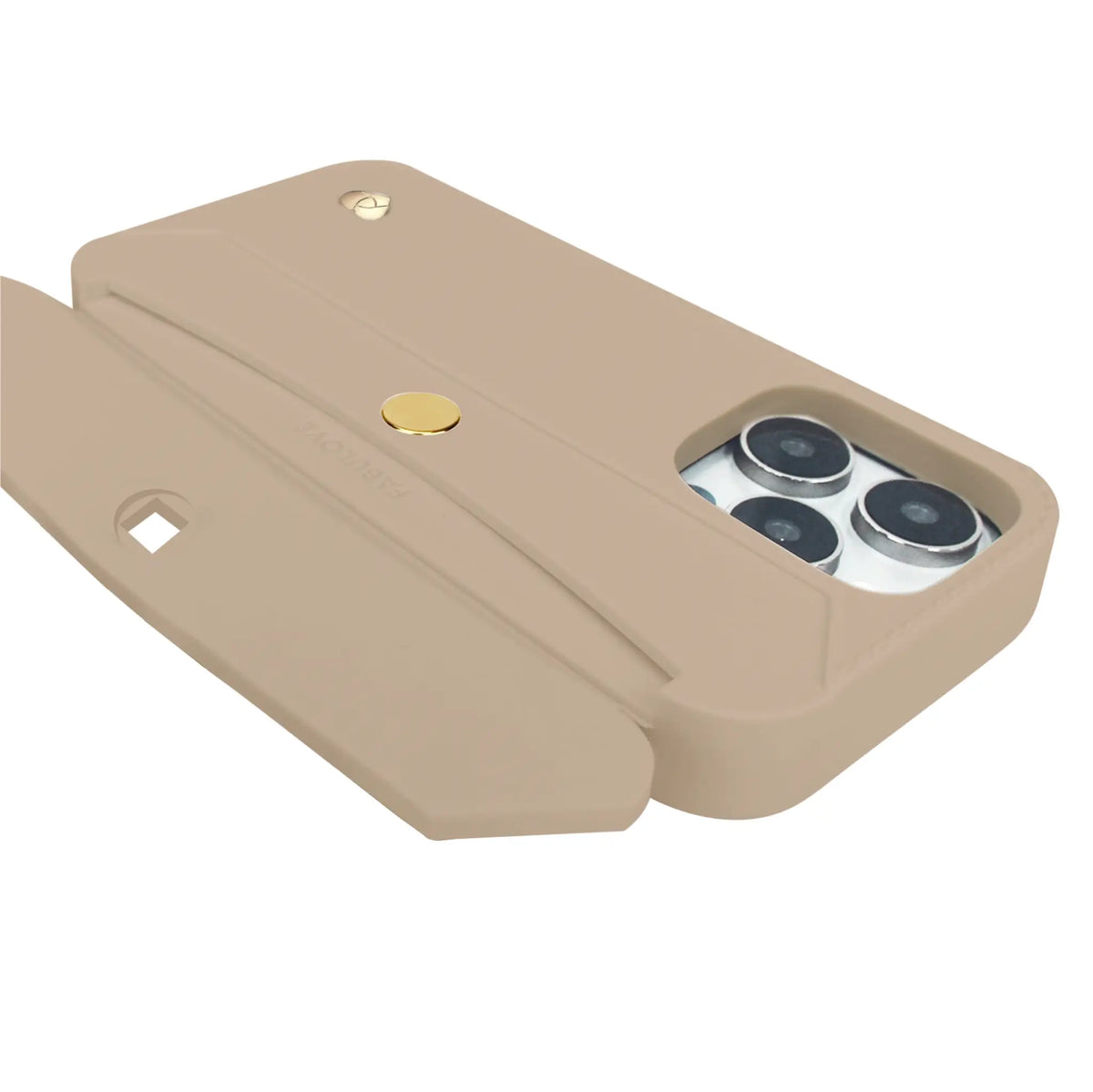 Open mini wallet on the Nude Beige and Gold iPhone case, demonstrating its slim wallet functionality.