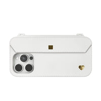 Minimalist white iPhone 16 pro case with dual strap-ready ears and charm holes