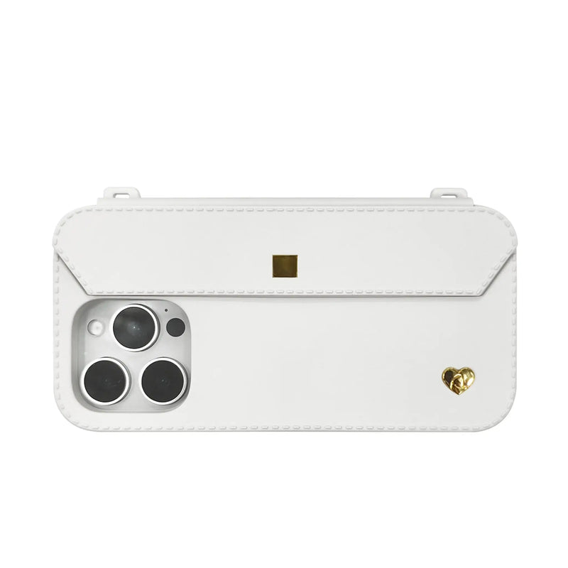 Minimalist white iPhone 16 pro case with dual strap-ready ears and charm holes