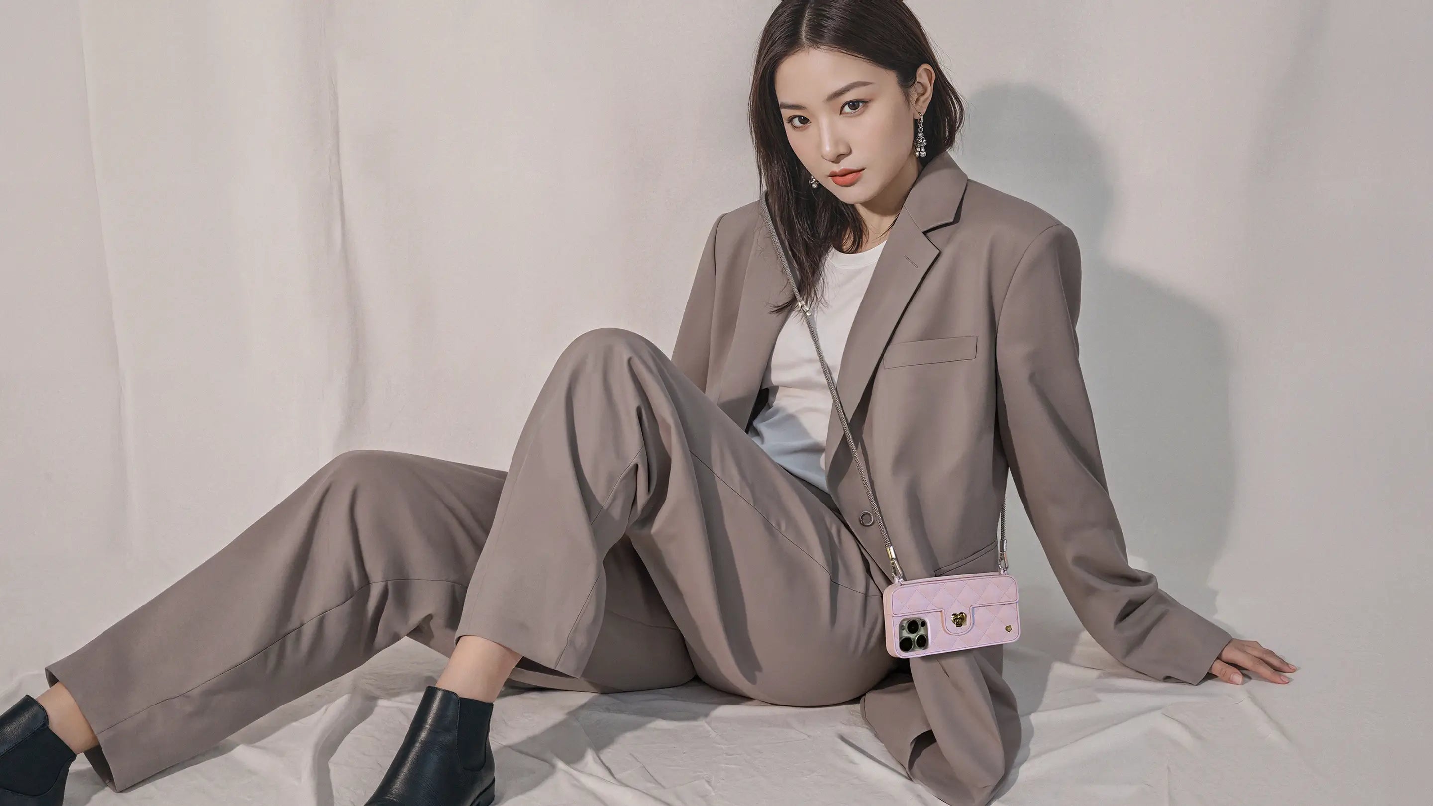 Stylish Asian professional woman posing with our silver Bling Bling crossbody strap and SOL purse case in Flamingo pink. LOVE, BRAIDED INTO EVERY DETAILS.