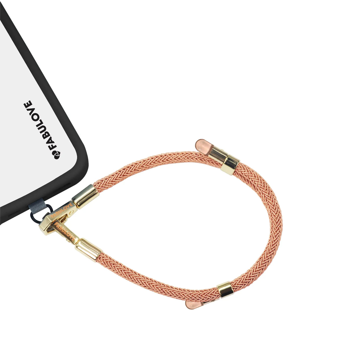 Adjustable peach orange phone strap at iPhone charging port