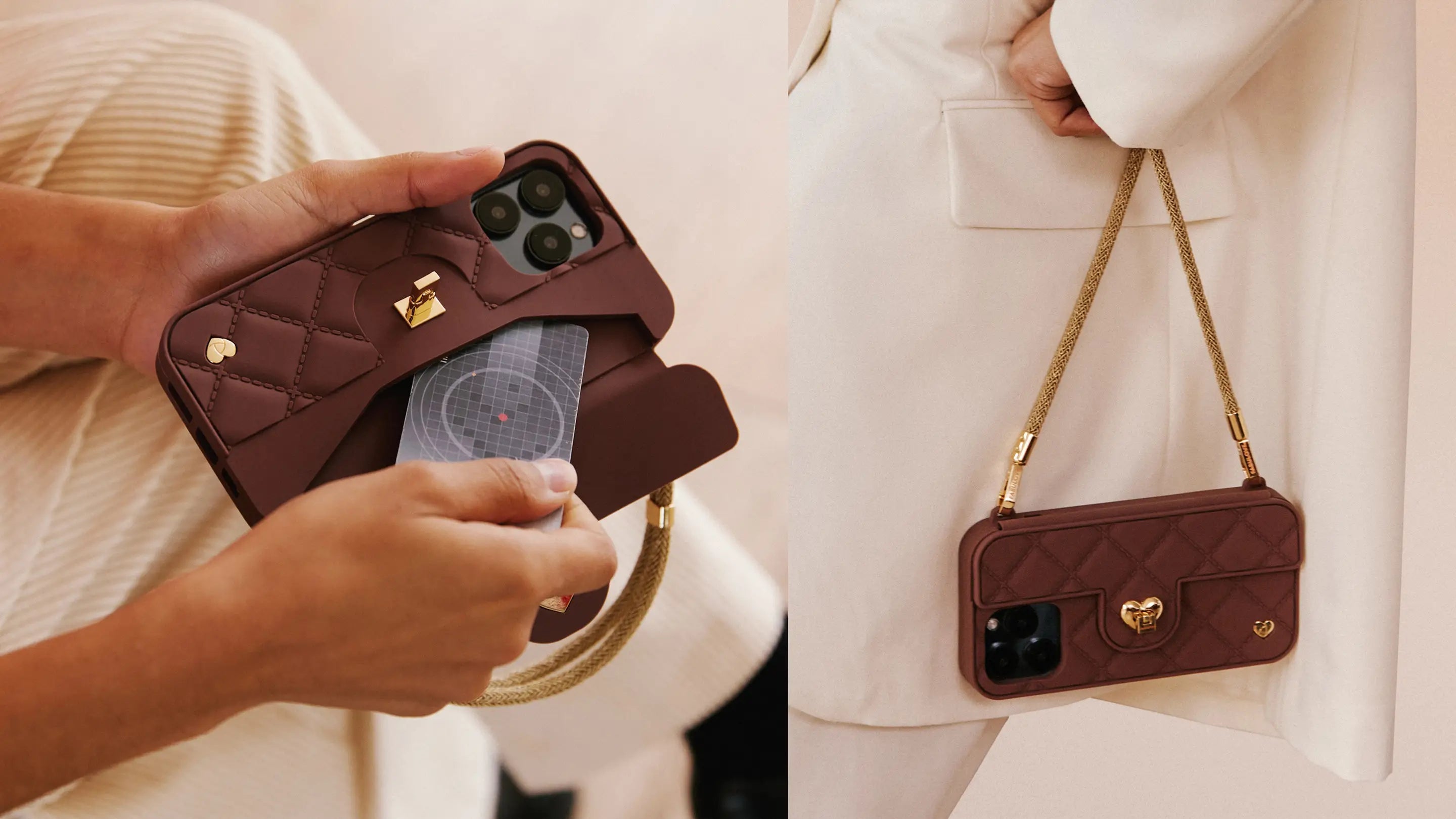 Dual function showcase: Card compartment insertion & golden Bling Bling strap attachment on chocolate SOL purse case. ADORE OUR VERSATILE PURSE CASES.