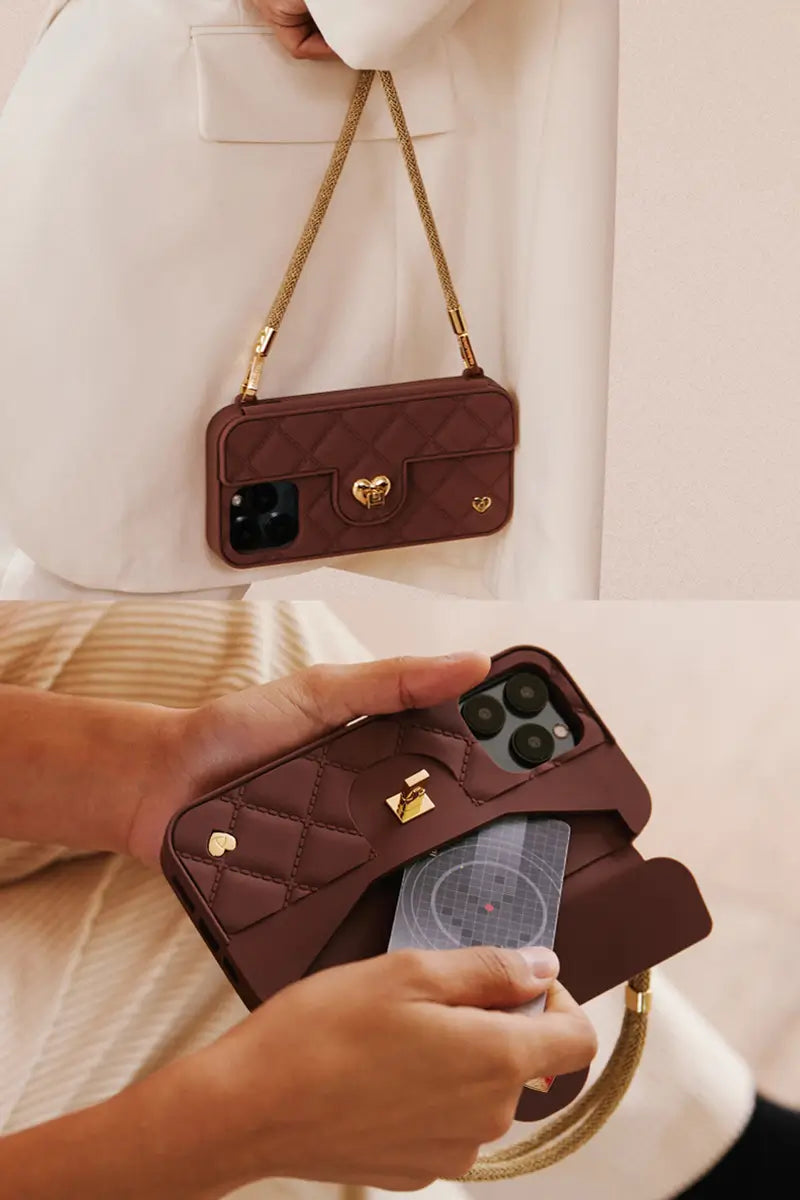 Dual function: Card insertion & gold strap attachment on chocolate purse case.
