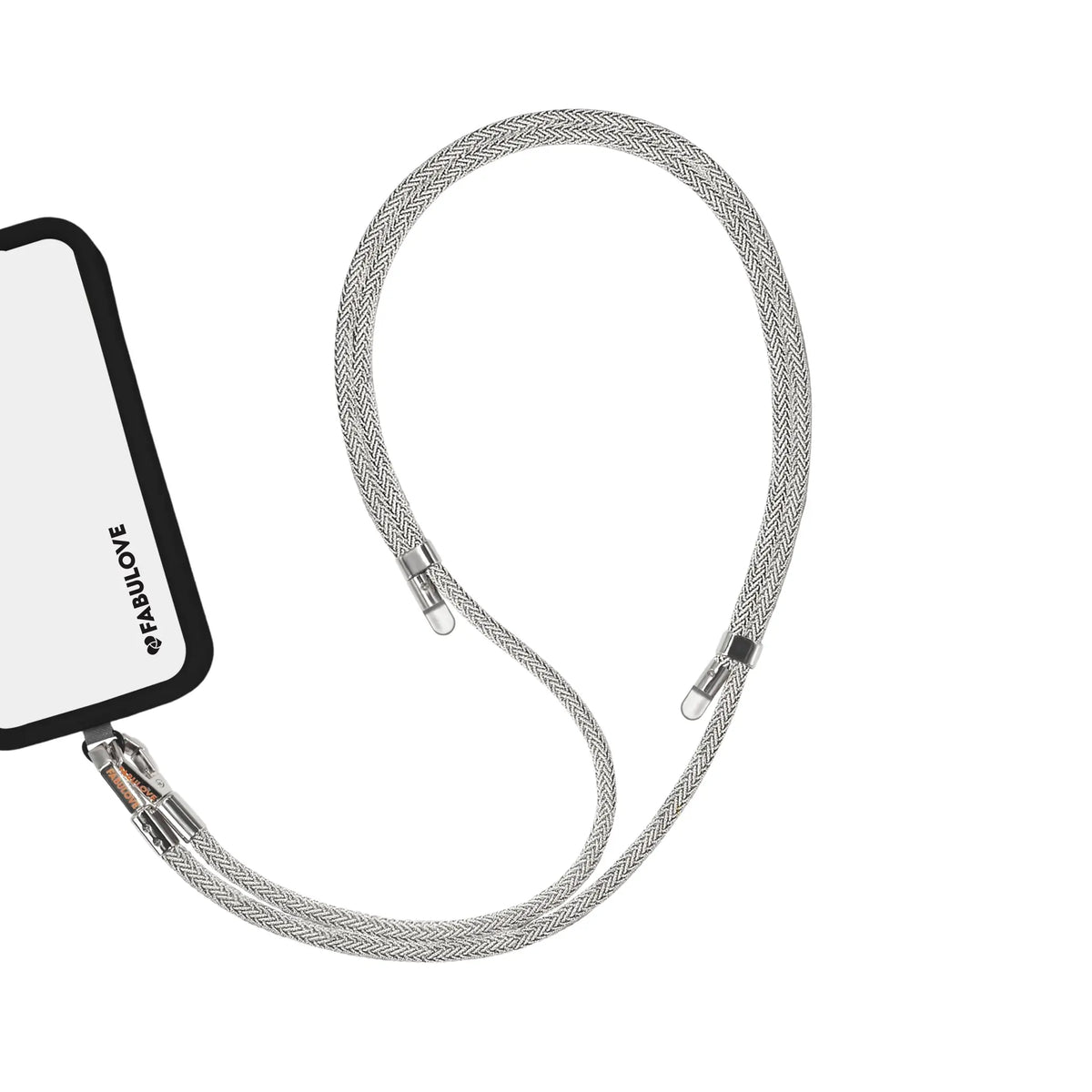 Adjustable silver phone crossbody strap connected to iPhone charging port