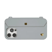 Close-up back view of the stylish Etoupe Grey and Gold iPhone 16 Pro case made from recycled silicone.