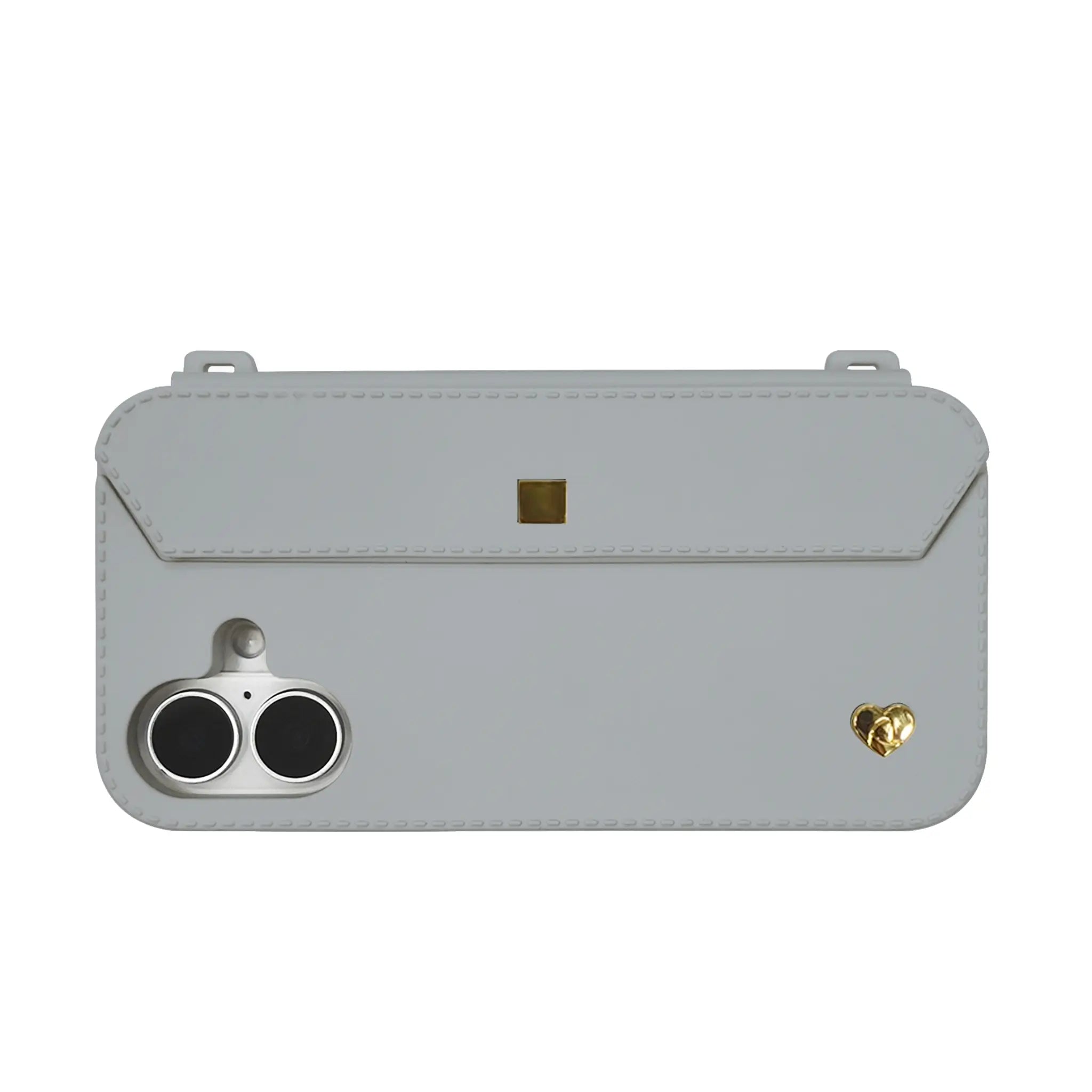 Stylebase Etoupe Grey iPhone 16 Case with Golden Hardware, showing camera holes, strap loops, and jewel slot.