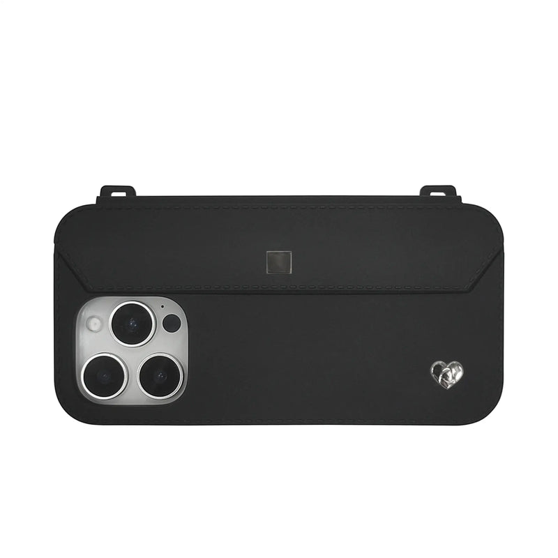 Modern black iPhone 16 pro case with silver accents, strap-ready ears and charm holes