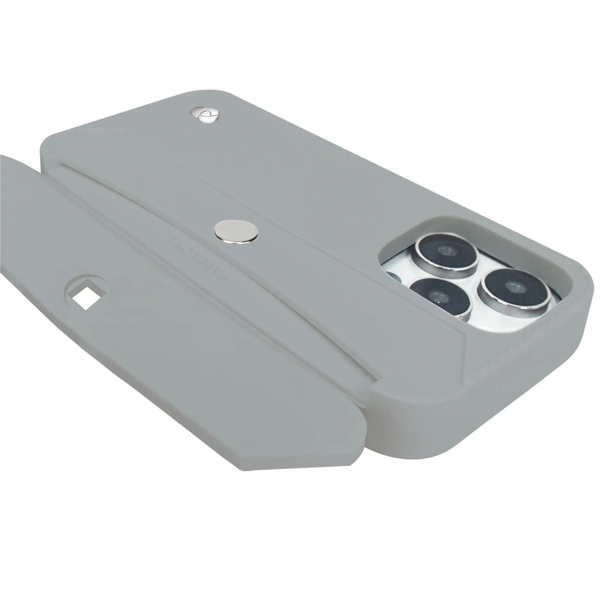 How the convenient mini wallet looks when open on the silver-trimmed Etoupe Grey case.