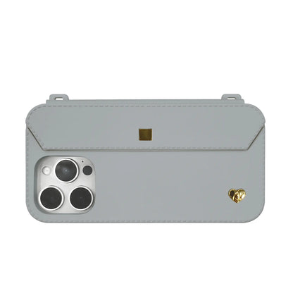 iPhone 16 Pro Max fashion case in Etoupe Grey with gold accents, featuring a built-in mini wallet compartment.